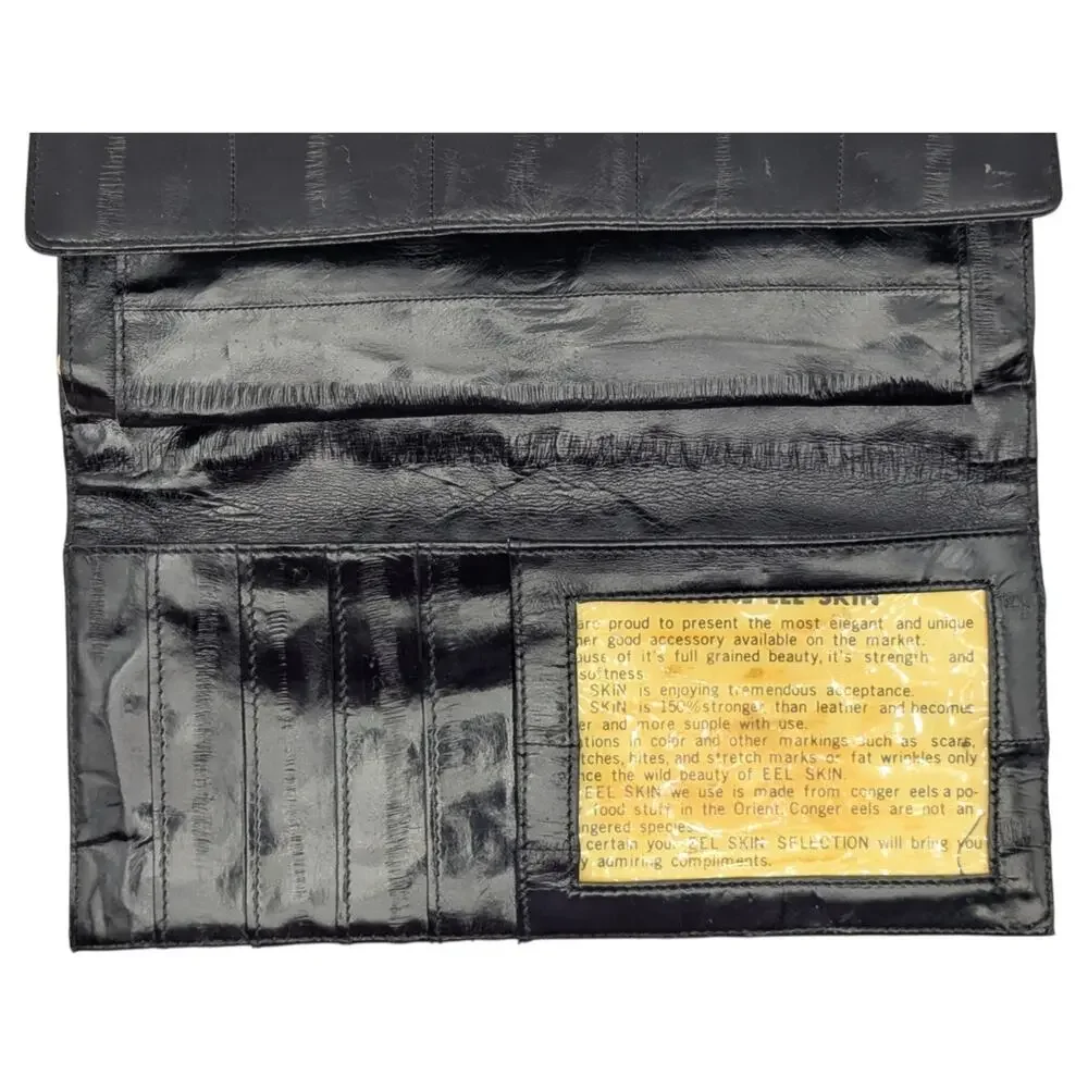 💜Vintage 1980s Black Genuine Eel Skin Kiss-Lock Clutch Wallet
